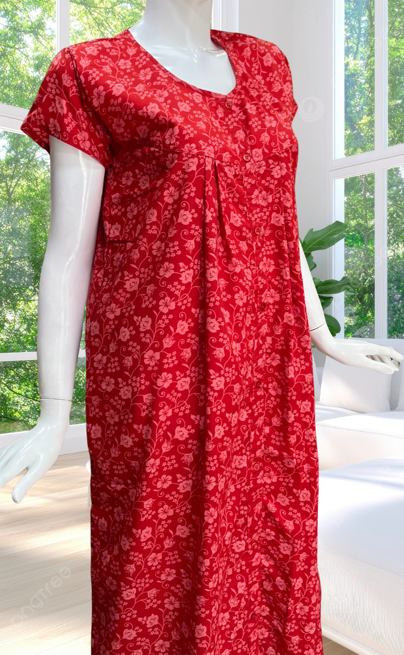Red Garden Full Open Soft Cotton Nighty. Soft Breathable Fabric | Laces and Frills