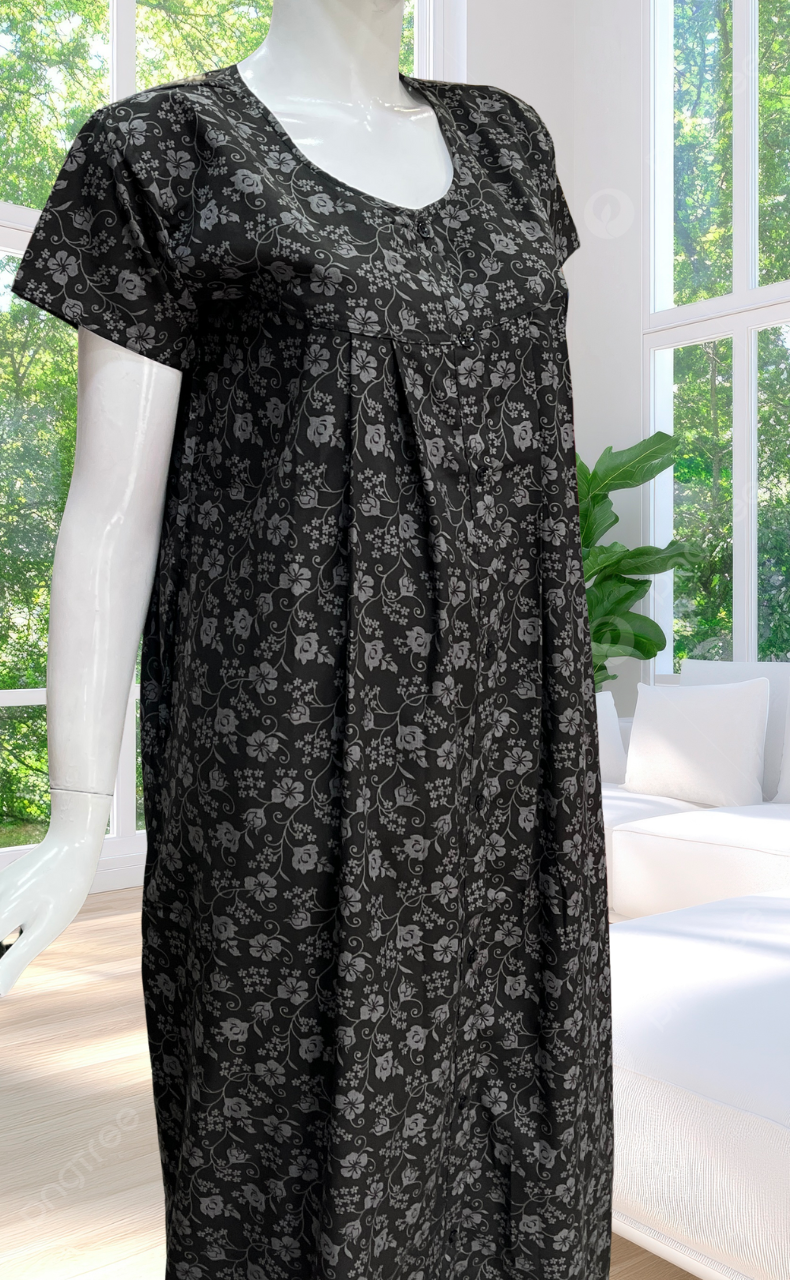Black Garden Full Open Soft Cotton Nighty. Soft Breathable Fabric | Laces and Frills