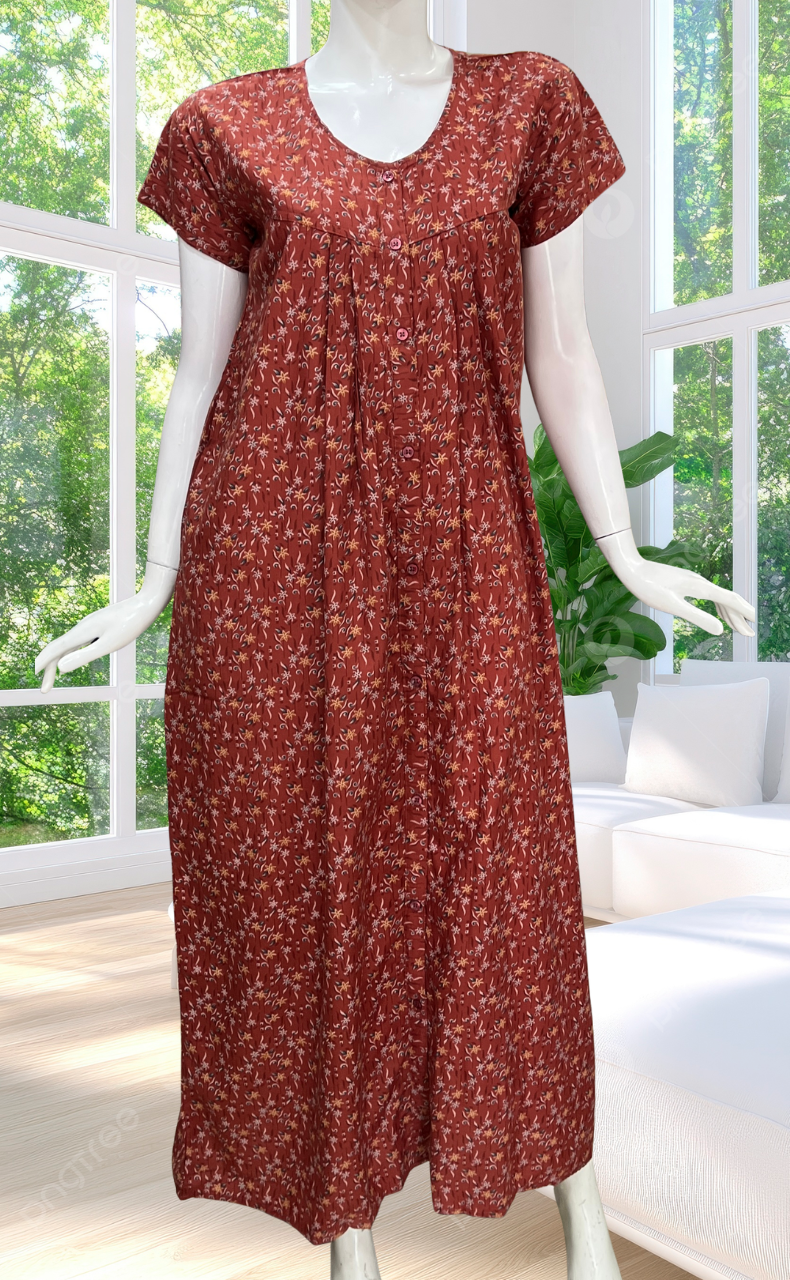 Rust Maroon Garden Full Open Soft Cotton Nighty. Soft Breathable Fabric | Laces and Frills