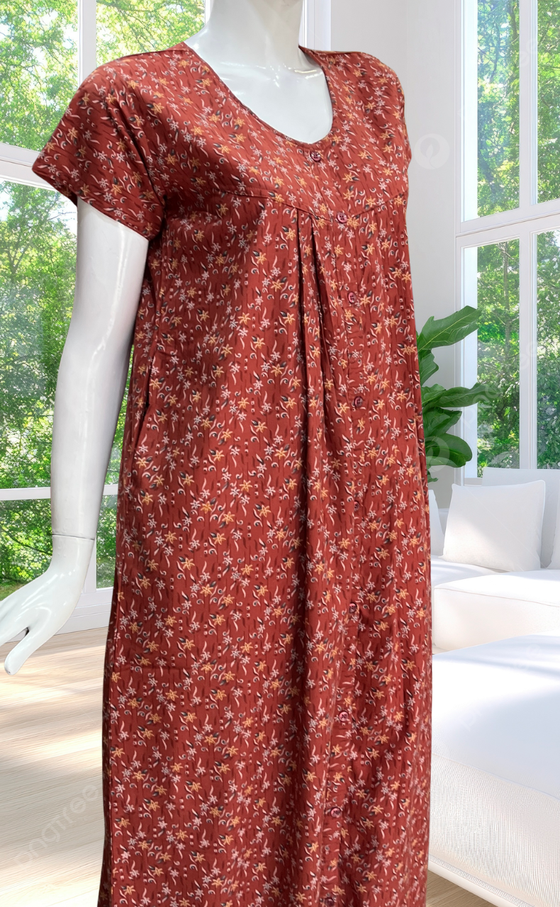 Rust Maroon Garden Full Open Soft Cotton Nighty. Soft Breathable Fabric | Laces and Frills