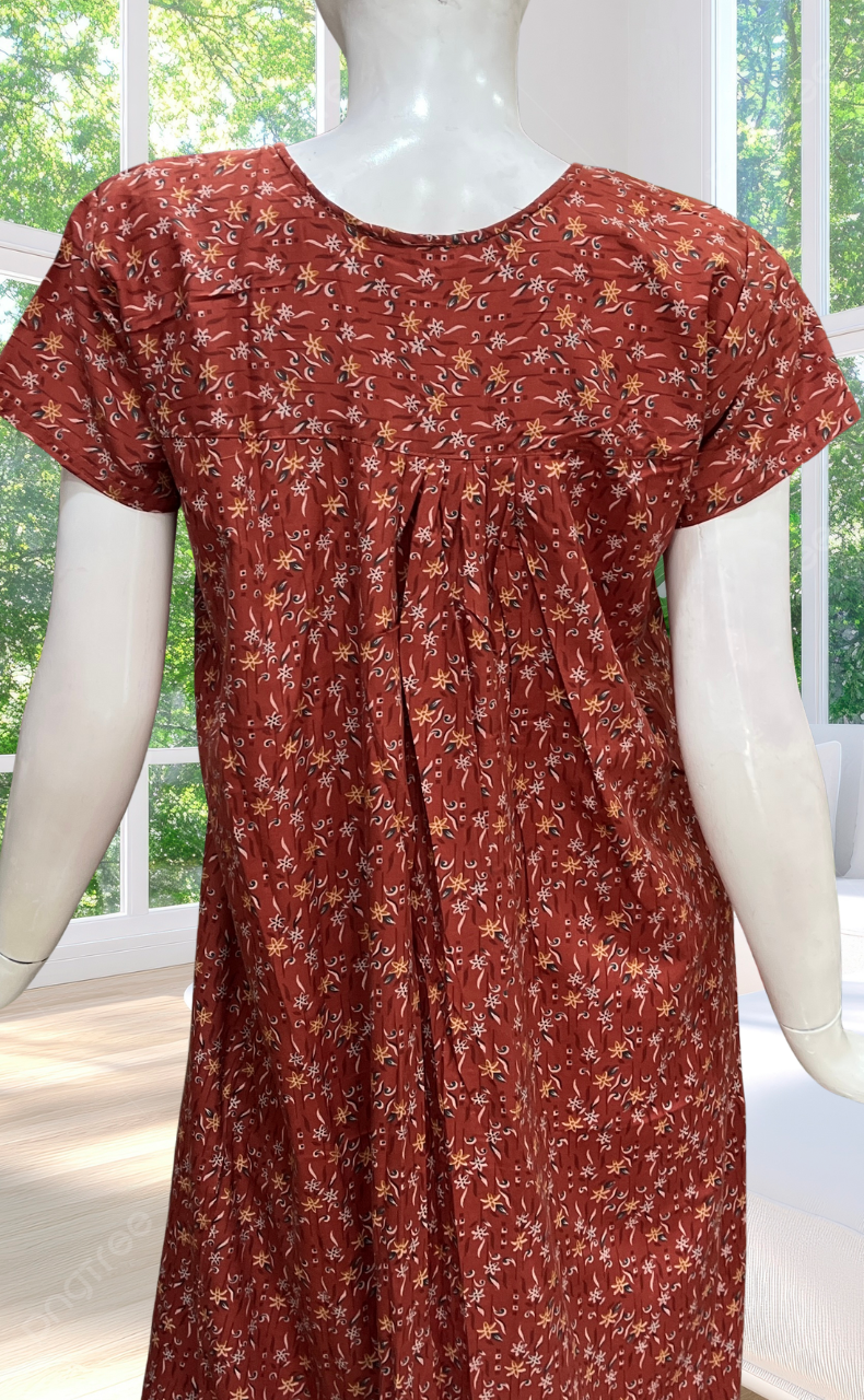 Rust Maroon Garden Full Open Soft Cotton Nighty. Soft Breathable Fabric | Laces and Frills