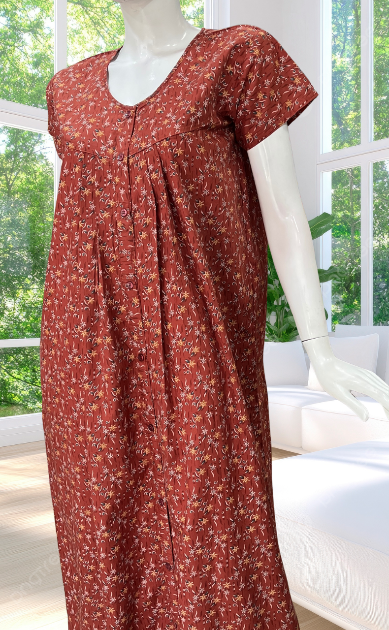Rust Maroon Garden Full Open Soft Cotton Nighty. Soft Breathable Fabric | Laces and Frills