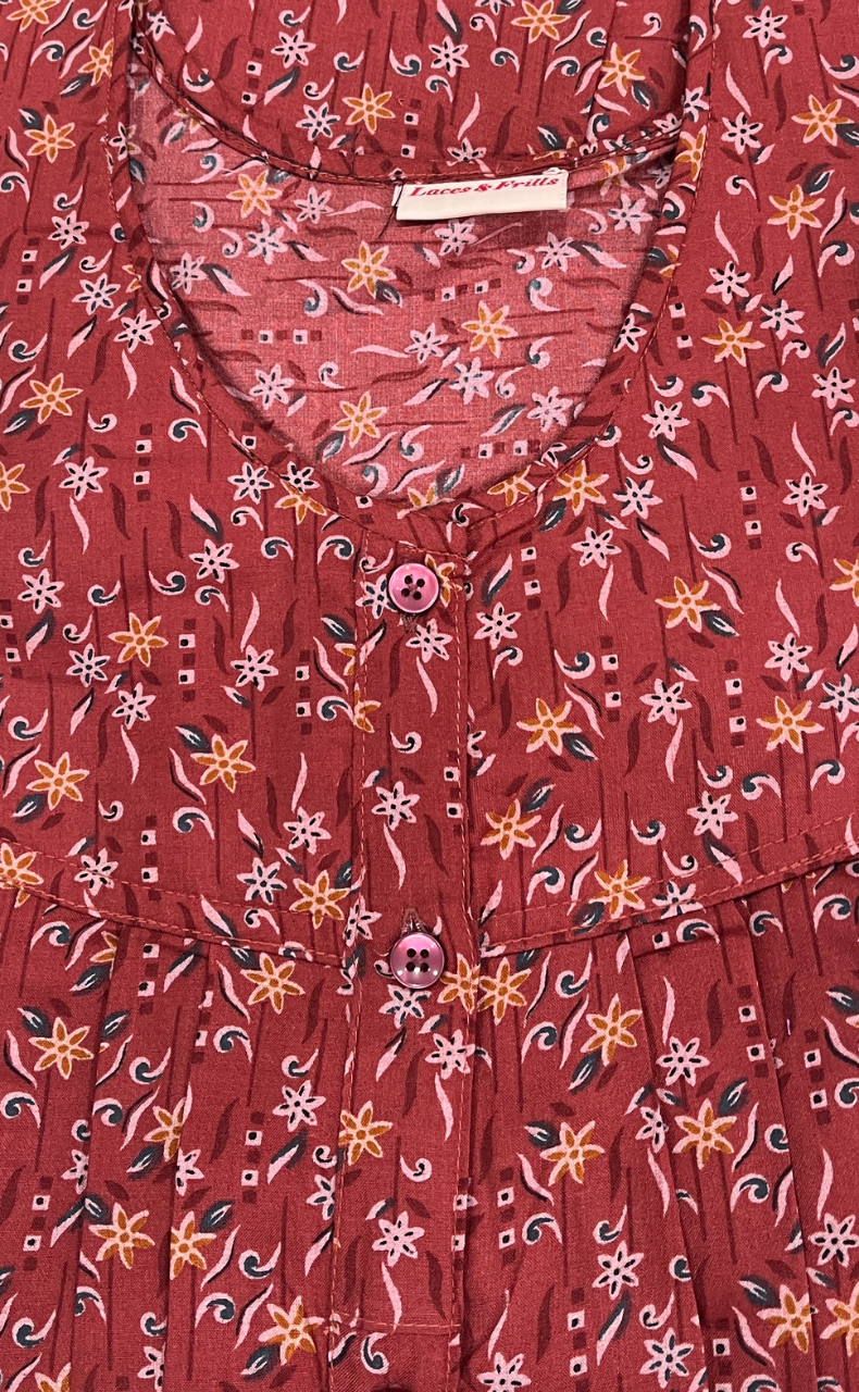 Rust Maroon Garden Full Open Soft Cotton Nighty. Soft Breathable Fabric | Laces and Frills