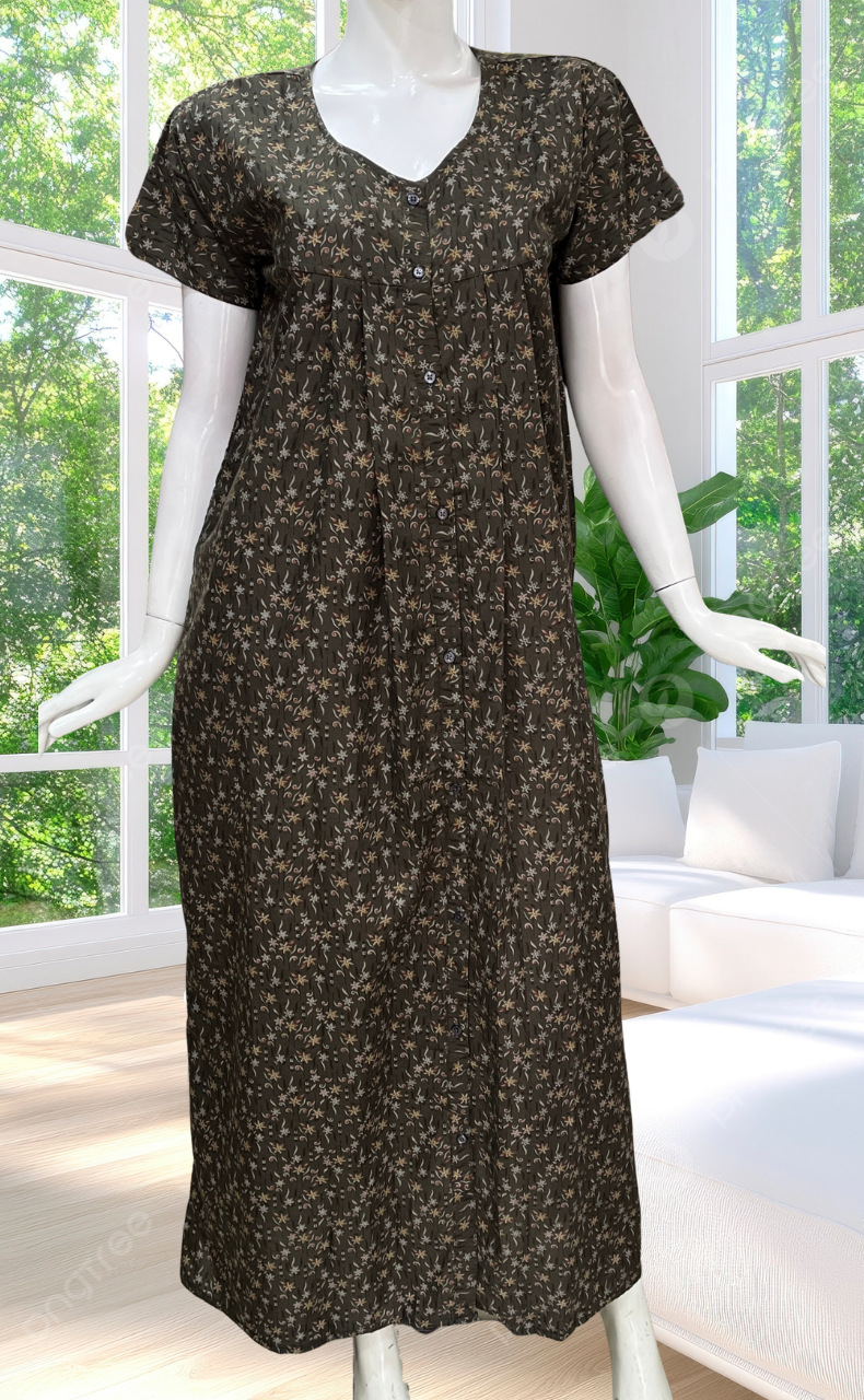 Brown Garden Full Open Soft Cotton Nighty. Soft Breathable Fabric | Laces and Frills