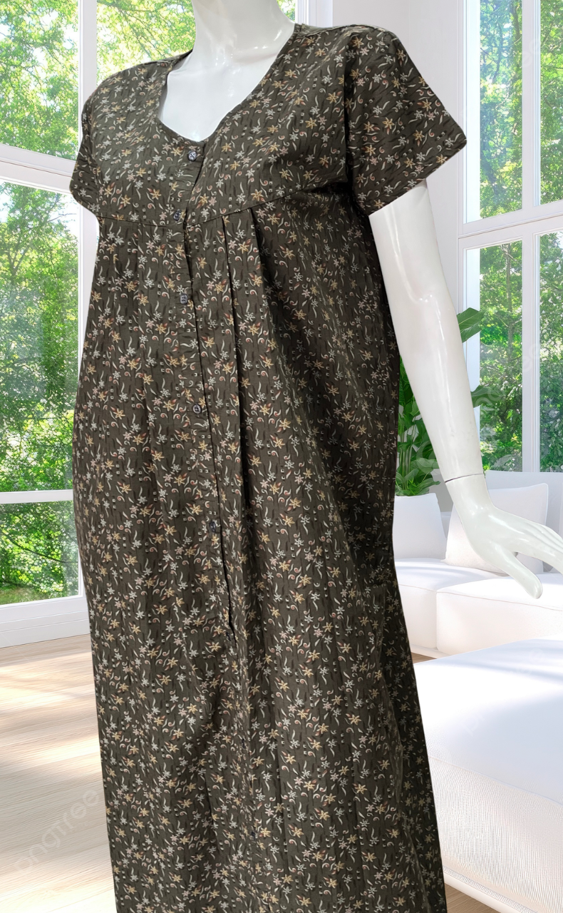 Brown Garden Full Open Soft Cotton Nighty. Soft Breathable Fabric | Laces and Frills