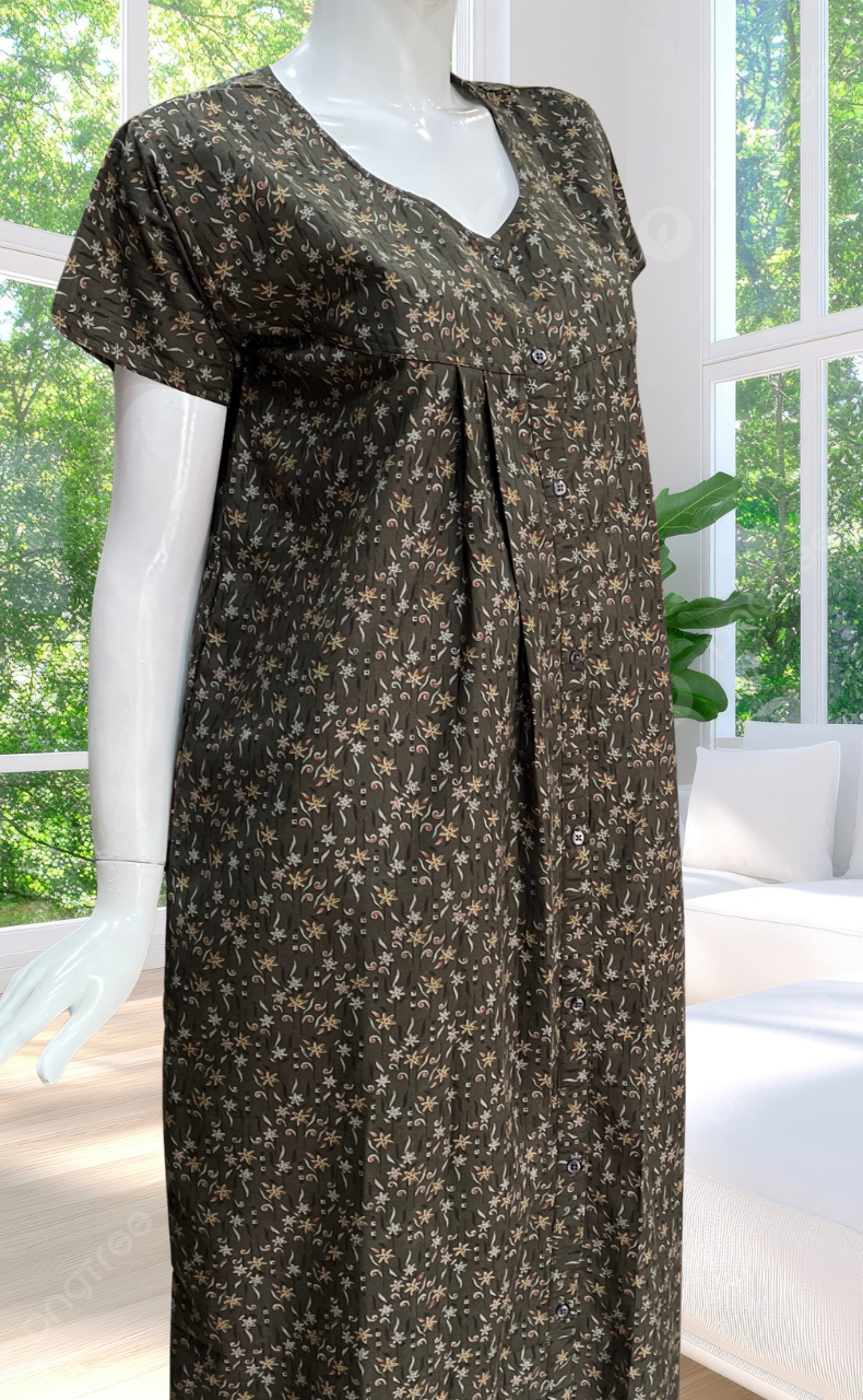 Brown Garden Full Open Soft Cotton Nighty. Soft Breathable Fabric | Laces and Frills