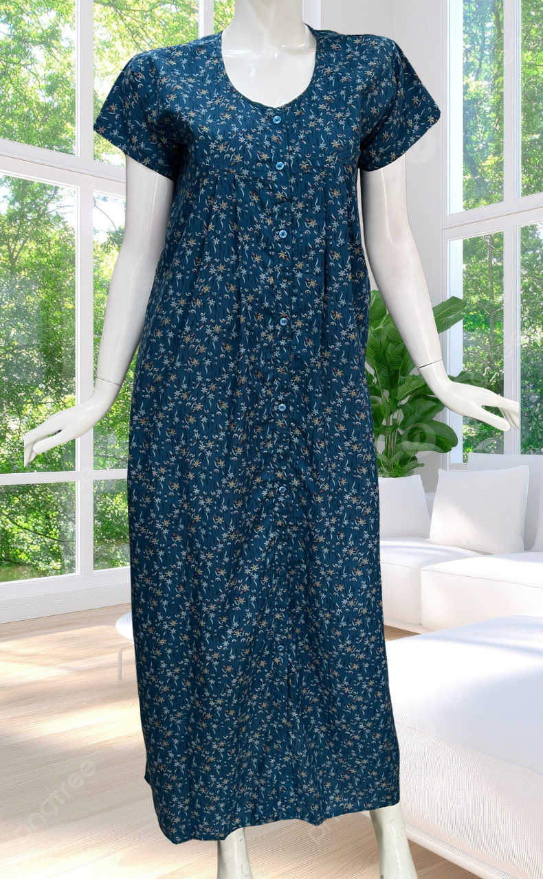 Teal Blue Full Open Soft Cotton Nighty. Soft Breathable Fabric | Laces and Frills