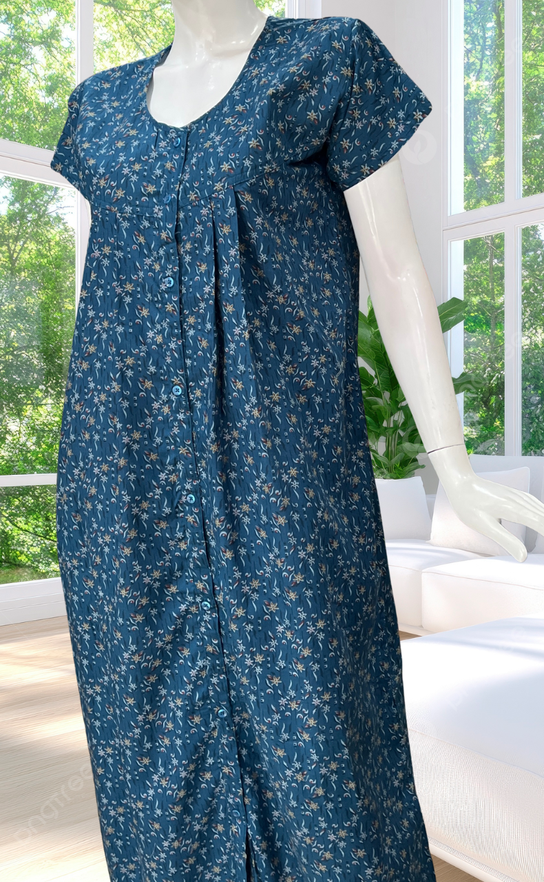 Teal Blue Full Open Soft Cotton Nighty. Soft Breathable Fabric | Laces and Frills