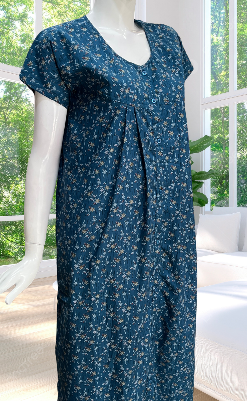 Teal Blue Full Open Soft Cotton Nighty. Soft Breathable Fabric | Laces and Frills