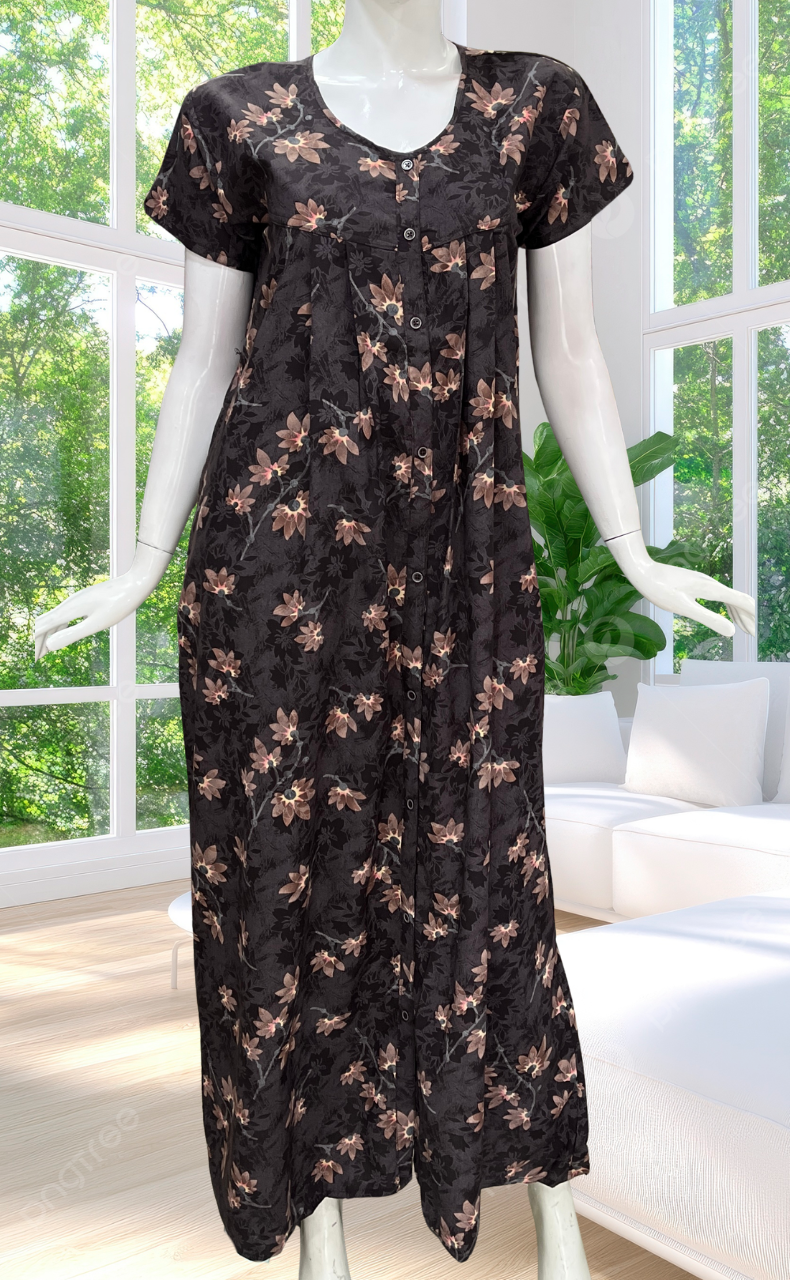 Dark Brown Garden Full Open Soft Cotton Nighty. Soft Breathable Fabric | Laces and Frills