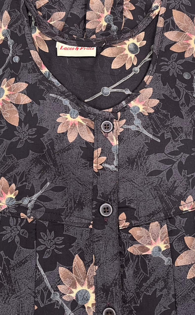 Dark Brown Garden Full Open Soft Cotton Nighty. Soft Breathable Fabric | Laces and Frills