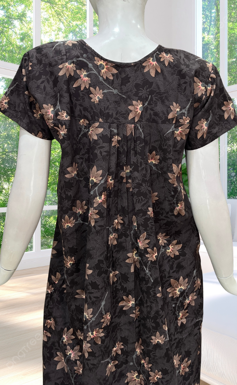 Dark Brown Garden Full Open Soft Cotton Nighty. Soft Breathable Fabric | Laces and Frills