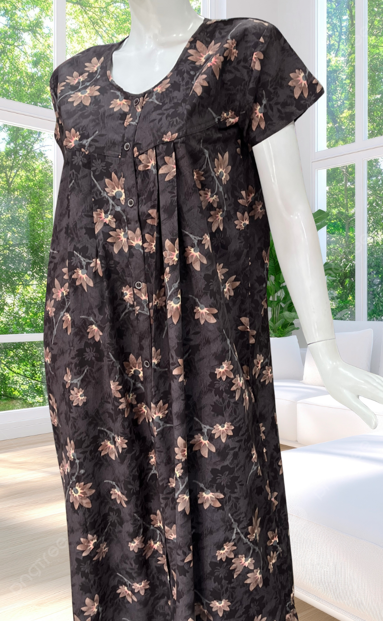 Dark Brown Garden Full Open Soft Cotton Nighty. Soft Breathable Fabric | Laces and Frills