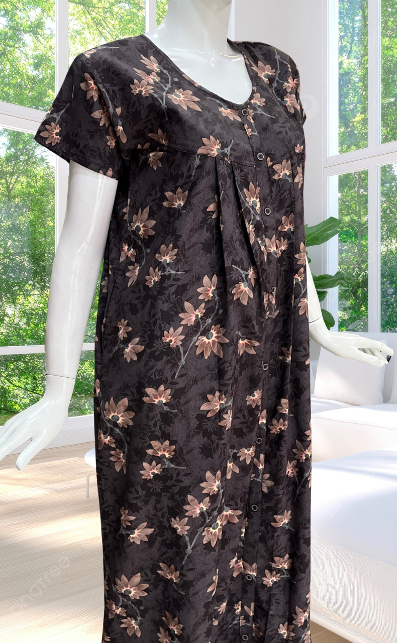 Dark Brown Garden Full Open Soft Cotton Nighty. Soft Breathable Fabric | Laces and Frills