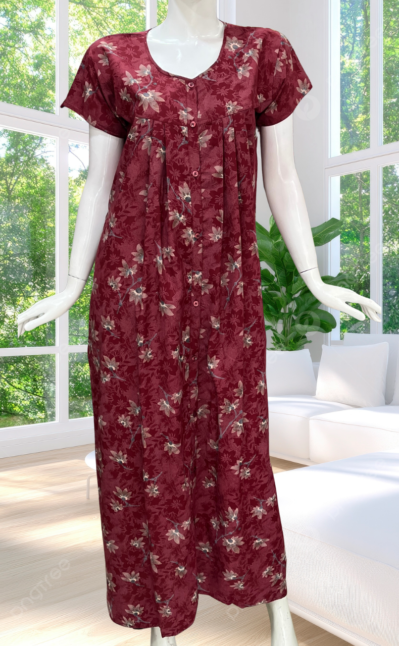 Maroon Garden Full Open Soft Cotton Nighty. Soft Breathable Fabric | Laces and Frills