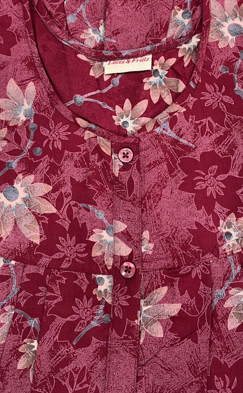 Maroon Garden Full Open Soft Cotton Nighty. Soft Breathable Fabric | Laces and Frills
