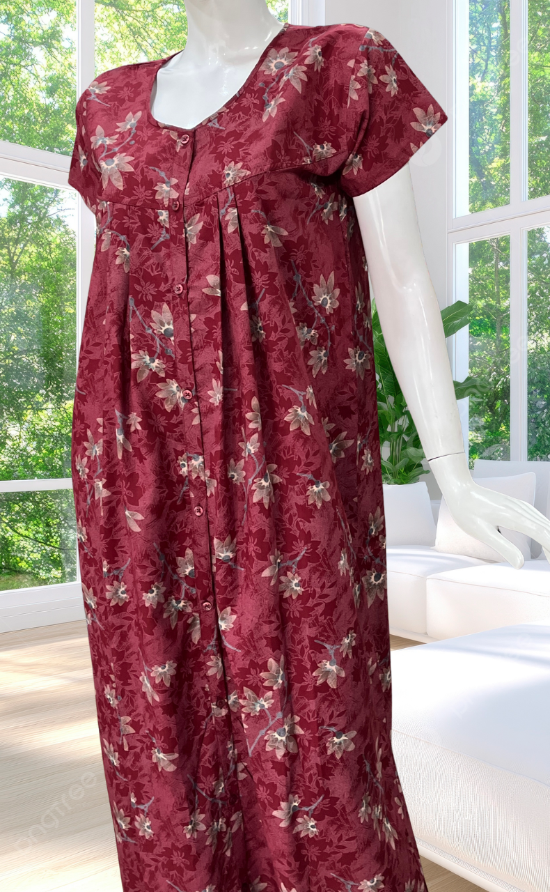 Maroon Garden Full Open Soft Cotton Nighty. Soft Breathable Fabric | Laces and Frills