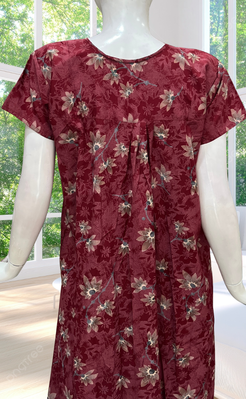 Maroon Garden Full Open Soft Cotton Nighty. Soft Breathable Fabric | Laces and Frills