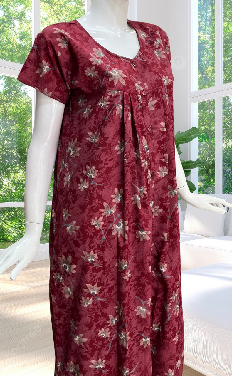 Maroon Garden Full Open Soft Cotton Nighty. Soft Breathable Fabric | Laces and Frills