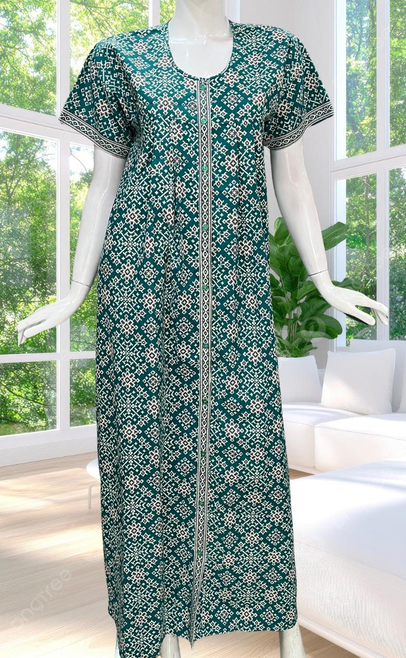 Sea Green Ethnic Print Full Open Pure Cotton Nighty. Pure Cotton | Laces and Frills