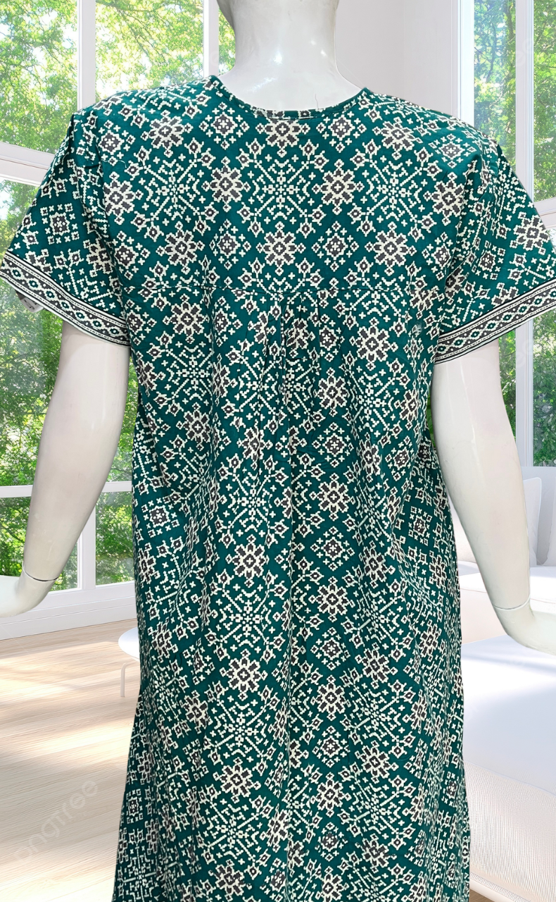 Sea Green Ethnic Print Full Open Pure Cotton Nighty. Pure Cotton | Laces and Frills