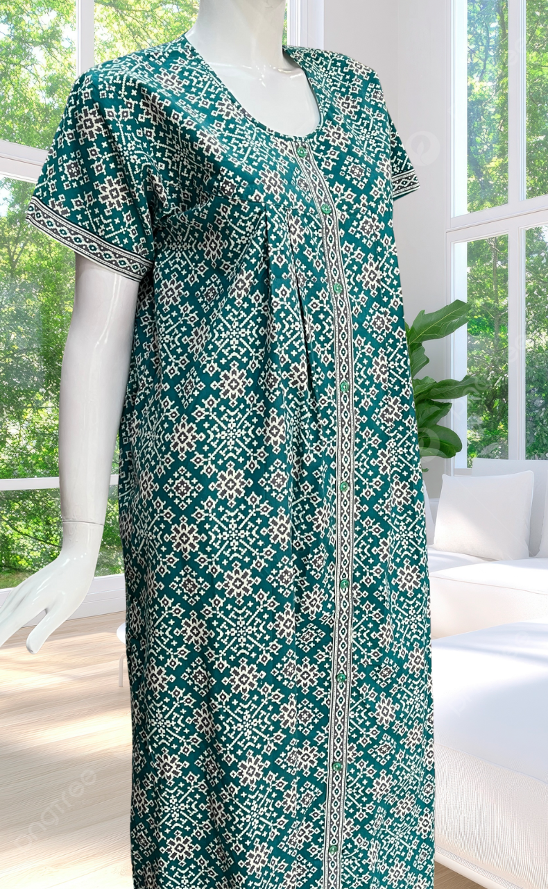 Sea Green Ethnic Print Full Open Pure Cotton Nighty. Pure Cotton | Laces and Frills