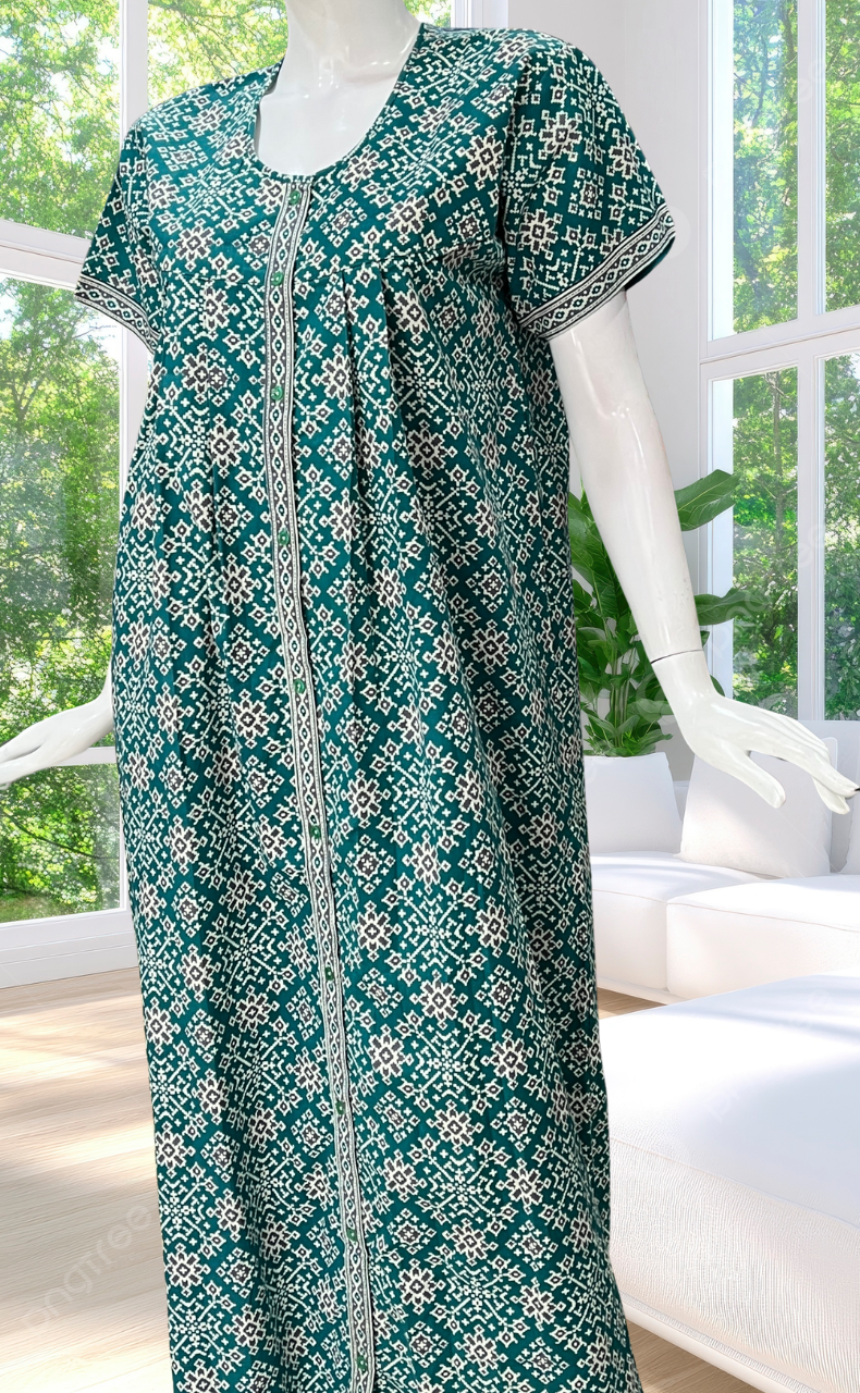 Sea Green Ethnic Print Full Open Pure Cotton Nighty. Pure Cotton | Laces and Frills