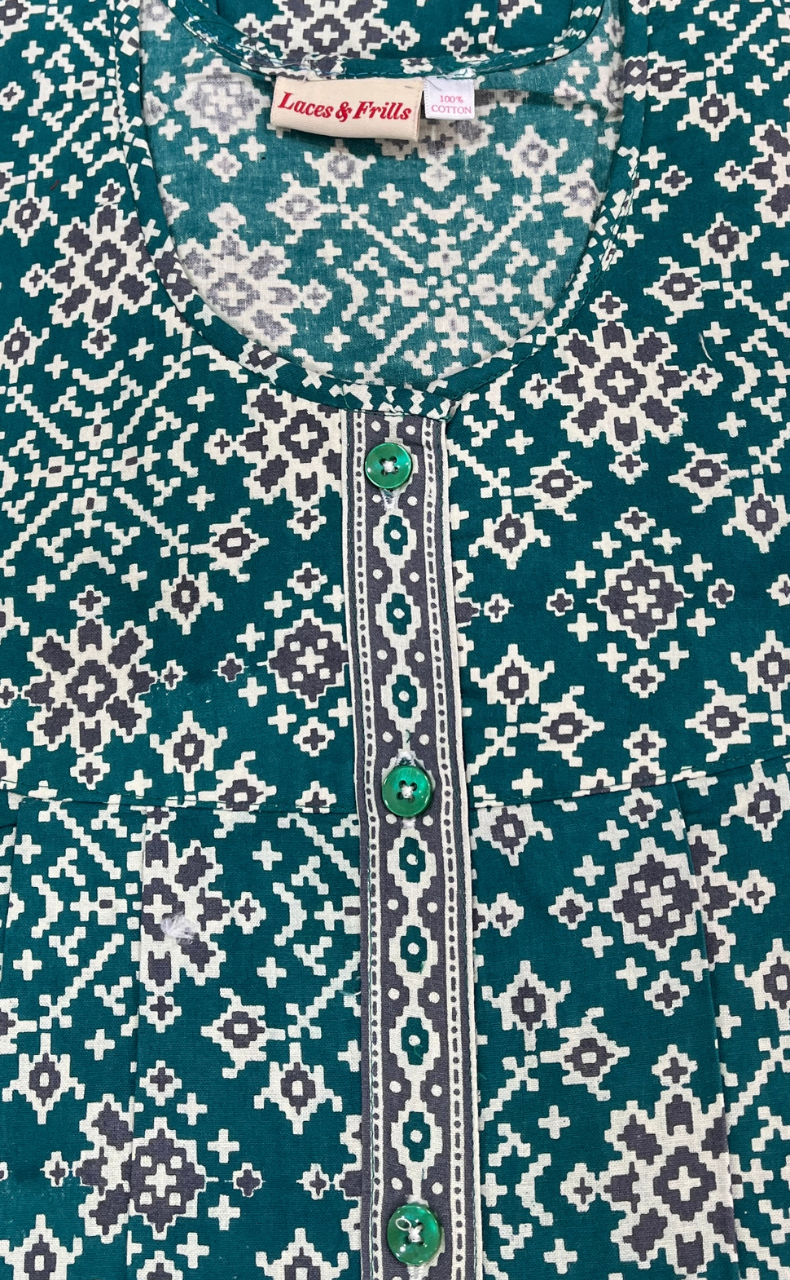Sea Green Ethnic Print Full Open Pure Cotton Nighty. Pure Cotton | Laces and Frills