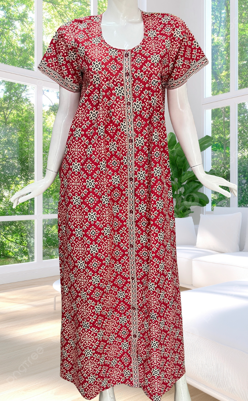 Red Ethnic Print Full Open Pure Cotton Nighty. Pure Cotton | Laces and Frills