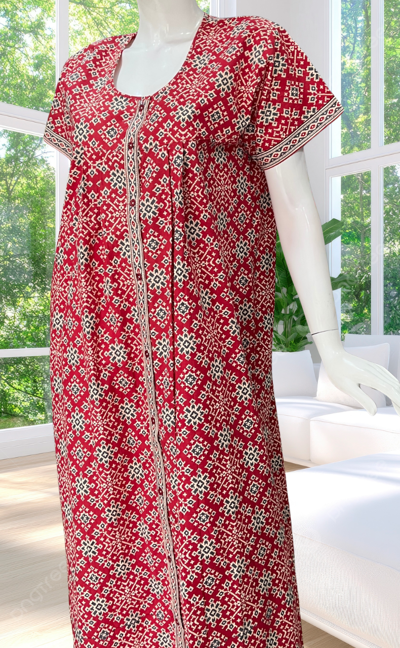 Red Ethnic Print Full Open Pure Cotton Nighty. Pure Cotton | Laces and Frills