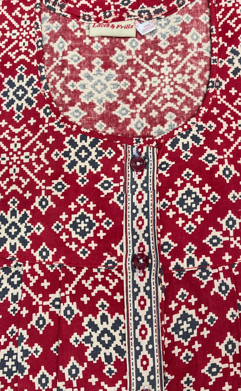 Red Ethnic Print Full Open Pure Cotton Nighty. Pure Cotton | Laces and Frills