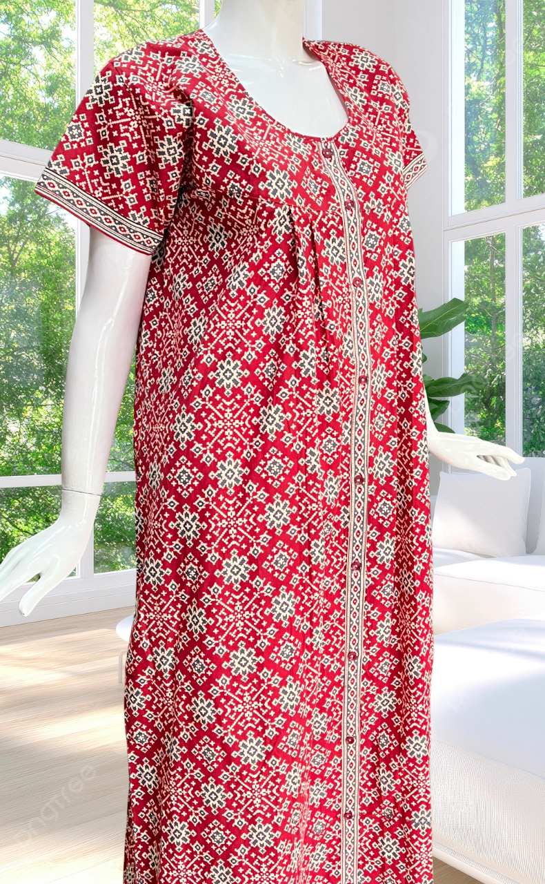 Red Ethnic Print Full Open Pure Cotton Nighty. Pure Cotton | Laces and Frills