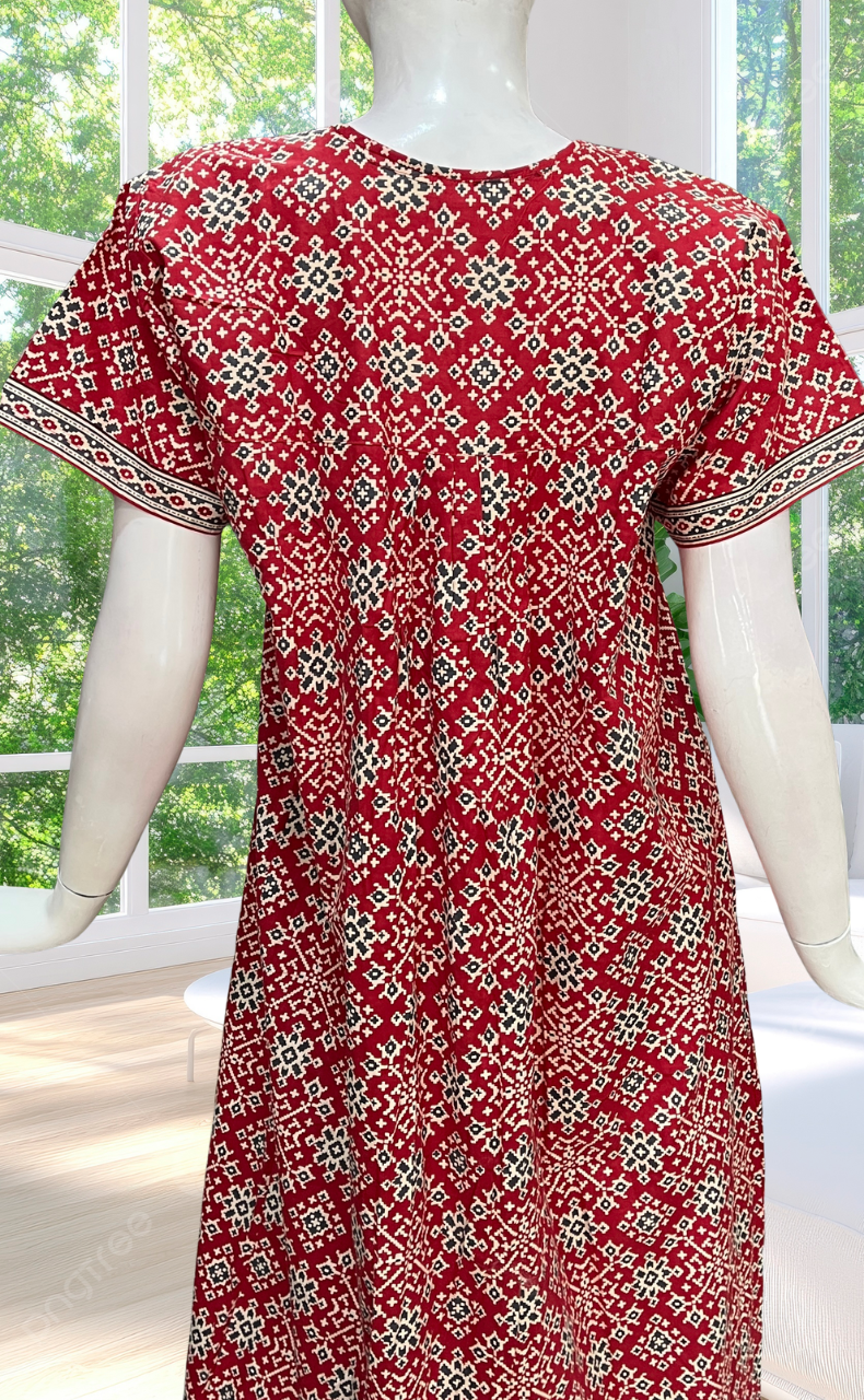 Red Ethnic Print Full Open Pure Cotton Nighty. Pure Cotton | Laces and Frills