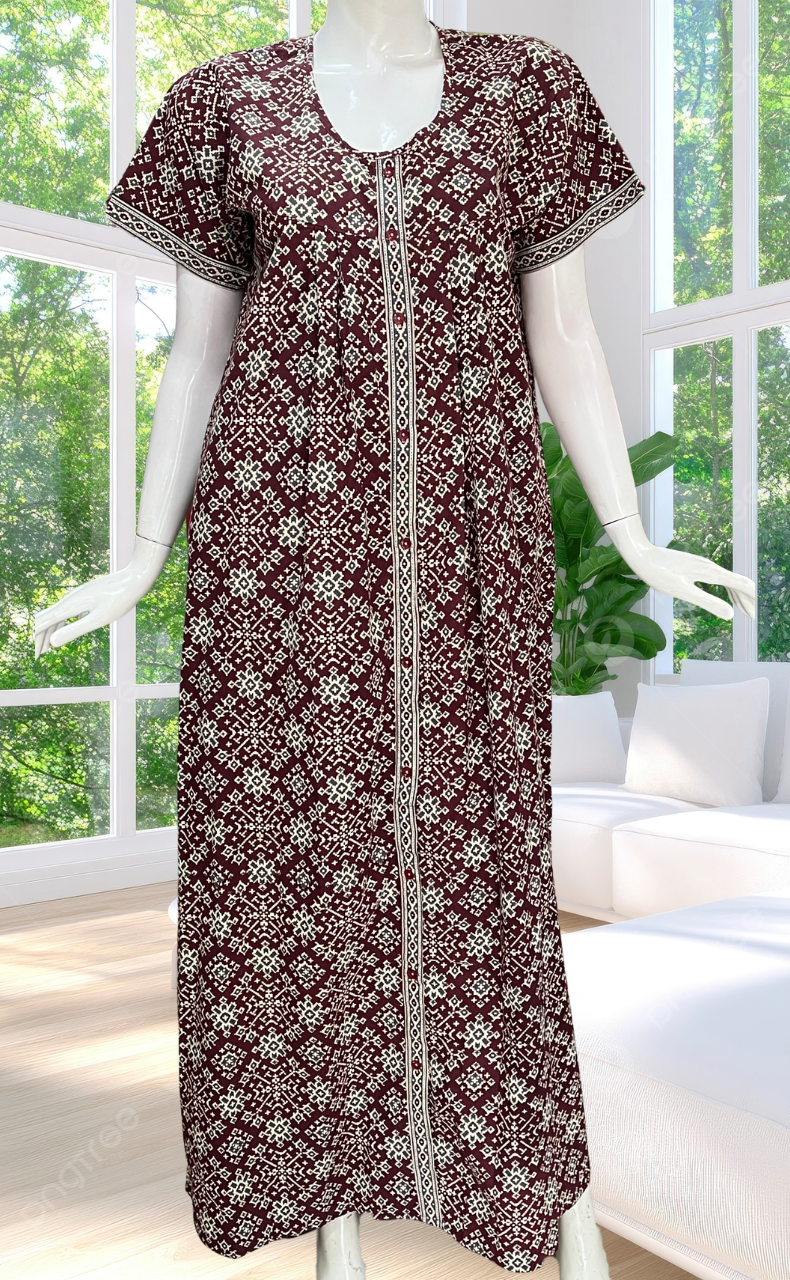 Maroon Ethnic Print Full Open Pure Cotton Nighty. Pure Cotton | Laces and Frills