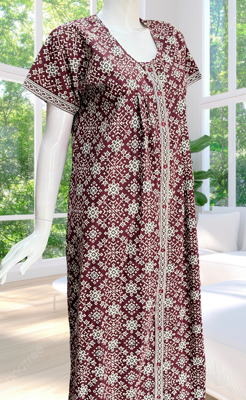 Maroon Ethnic Print Full Open Pure Cotton Nighty. Pure Cotton | Laces and Frills