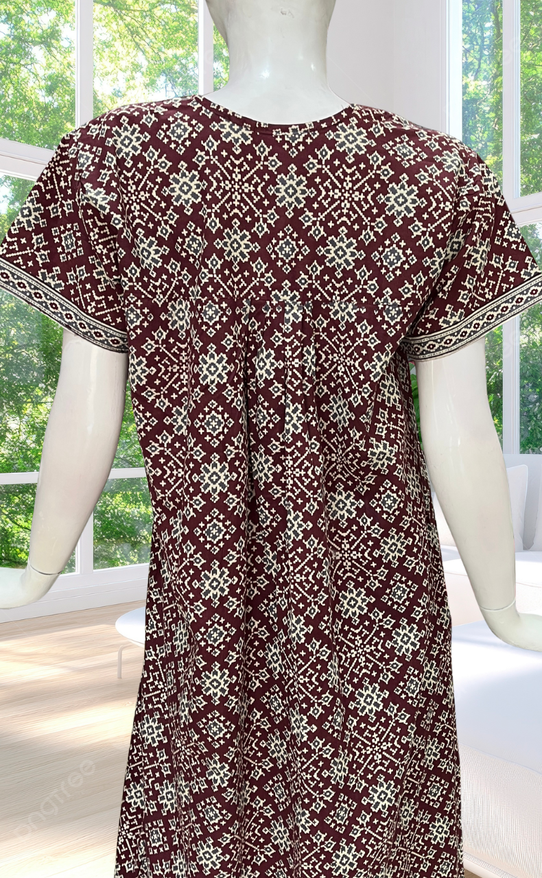 Maroon Ethnic Print Full Open Pure Cotton Nighty. Pure Cotton | Laces and Frills