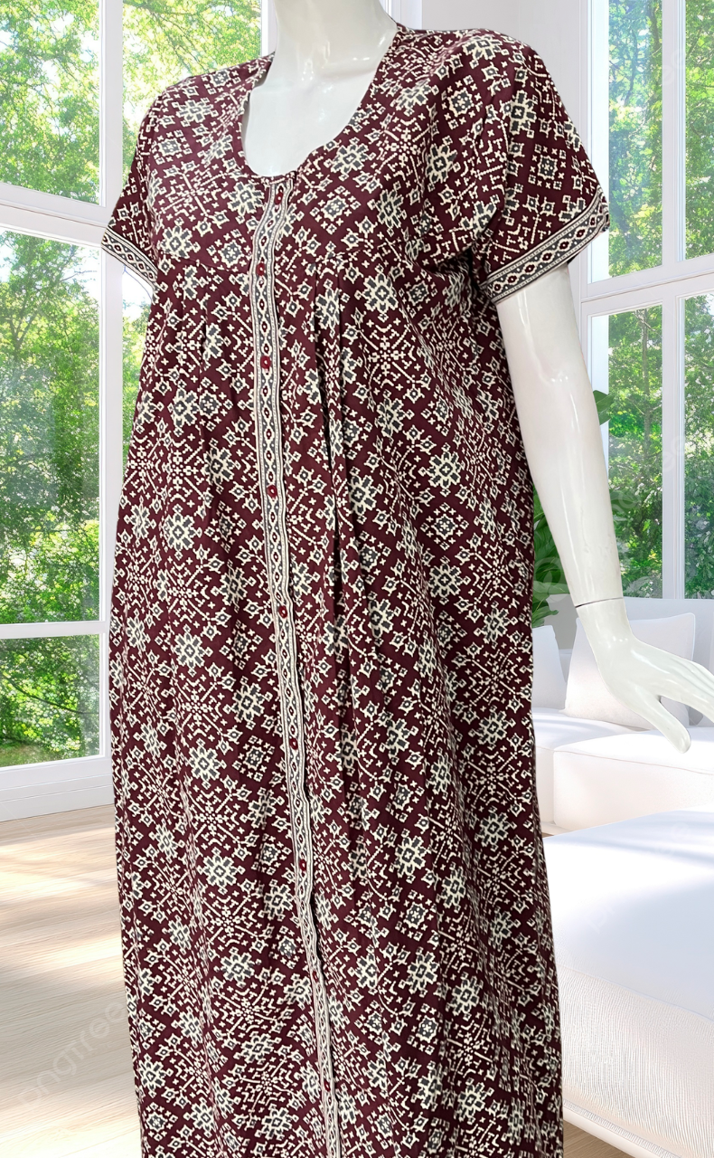 Maroon Ethnic Print Full Open Pure Cotton Nighty. Pure Cotton | Laces and Frills