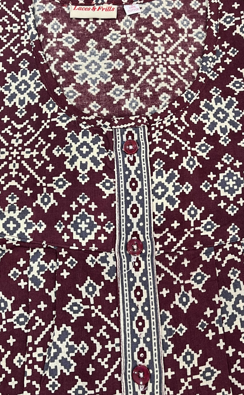 Maroon Ethnic Print Full Open Pure Cotton Nighty. Pure Cotton | Laces and Frills