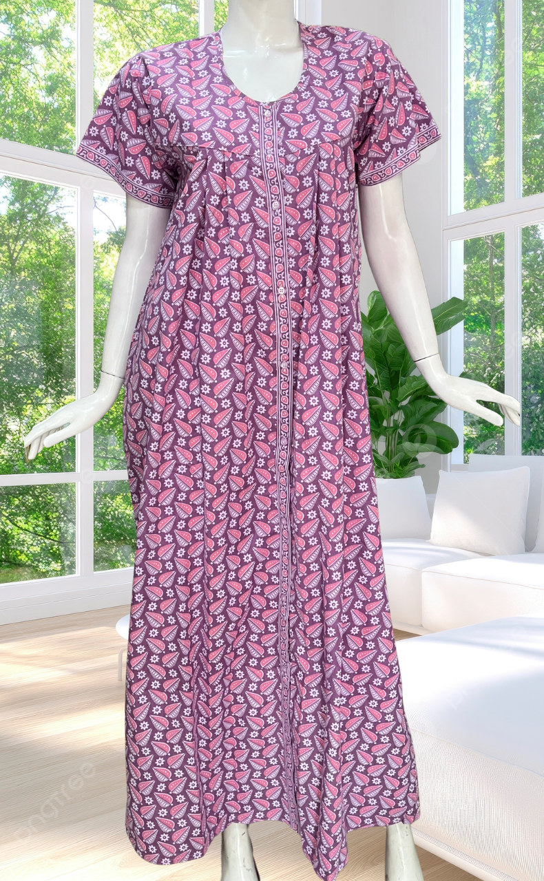 English Pink Leafy Full Open Pure Cotton Nighty. Pure Cotton | Laces and Frills