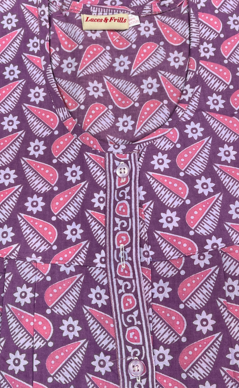 English Pink Leafy Full Open Pure Cotton Nighty. Pure Cotton | Laces and Frills