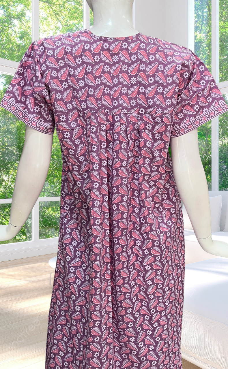 English Pink Leafy Full Open Pure Cotton Nighty. Pure Cotton | Laces and Frills