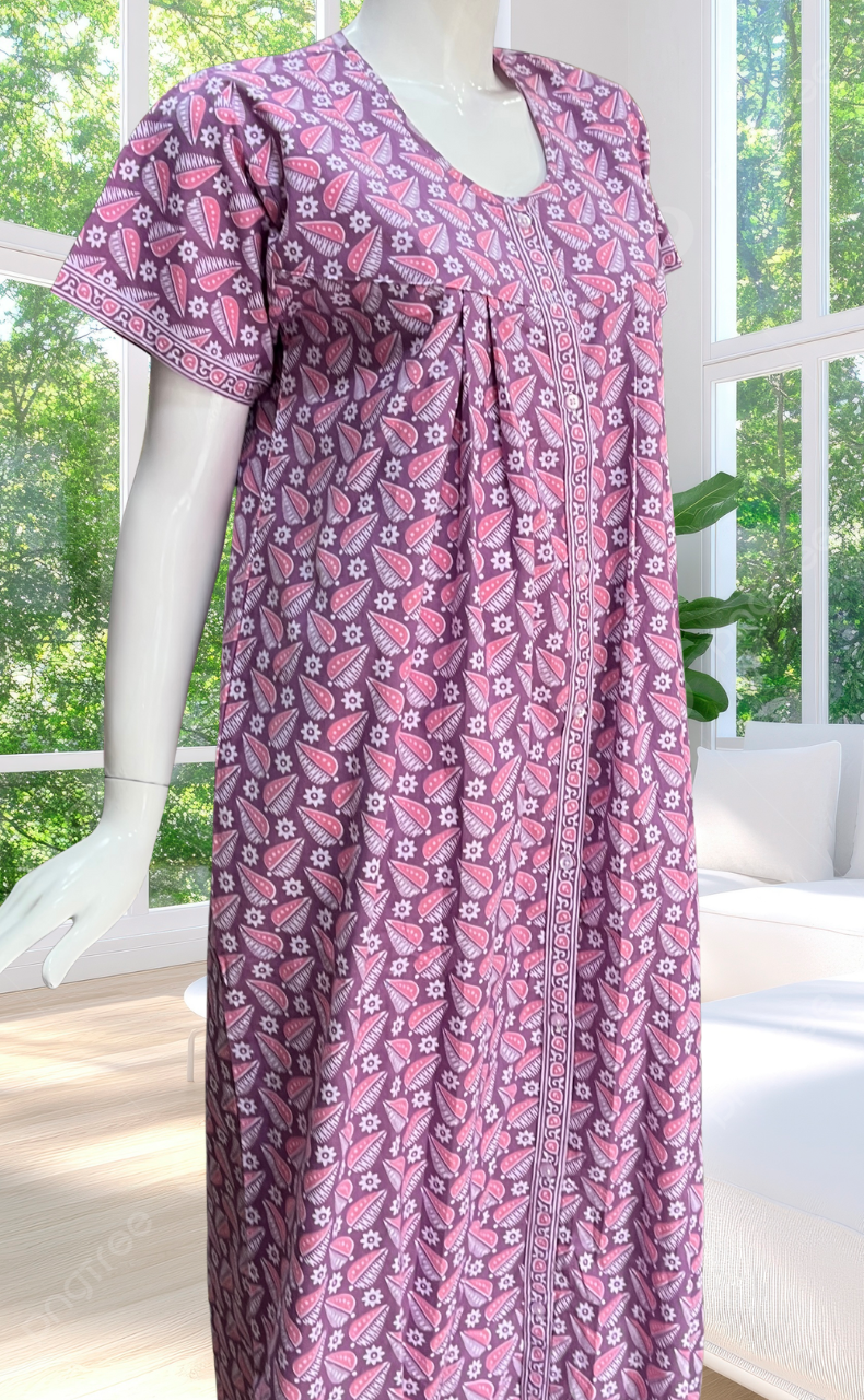 English Pink Leafy Full Open Pure Cotton Nighty. Pure Cotton | Laces and Frills