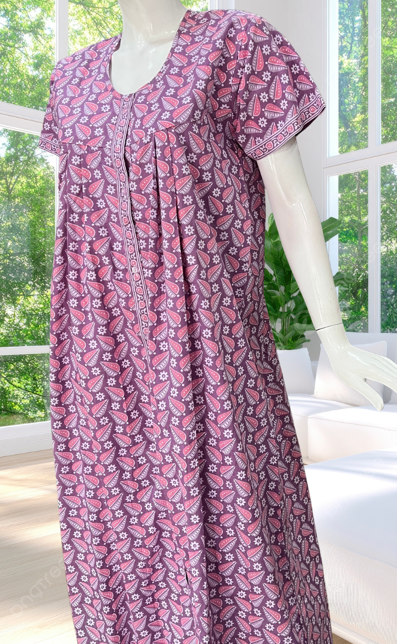 English Pink Leafy Full Open Pure Cotton Nighty. Pure Cotton | Laces and Frills