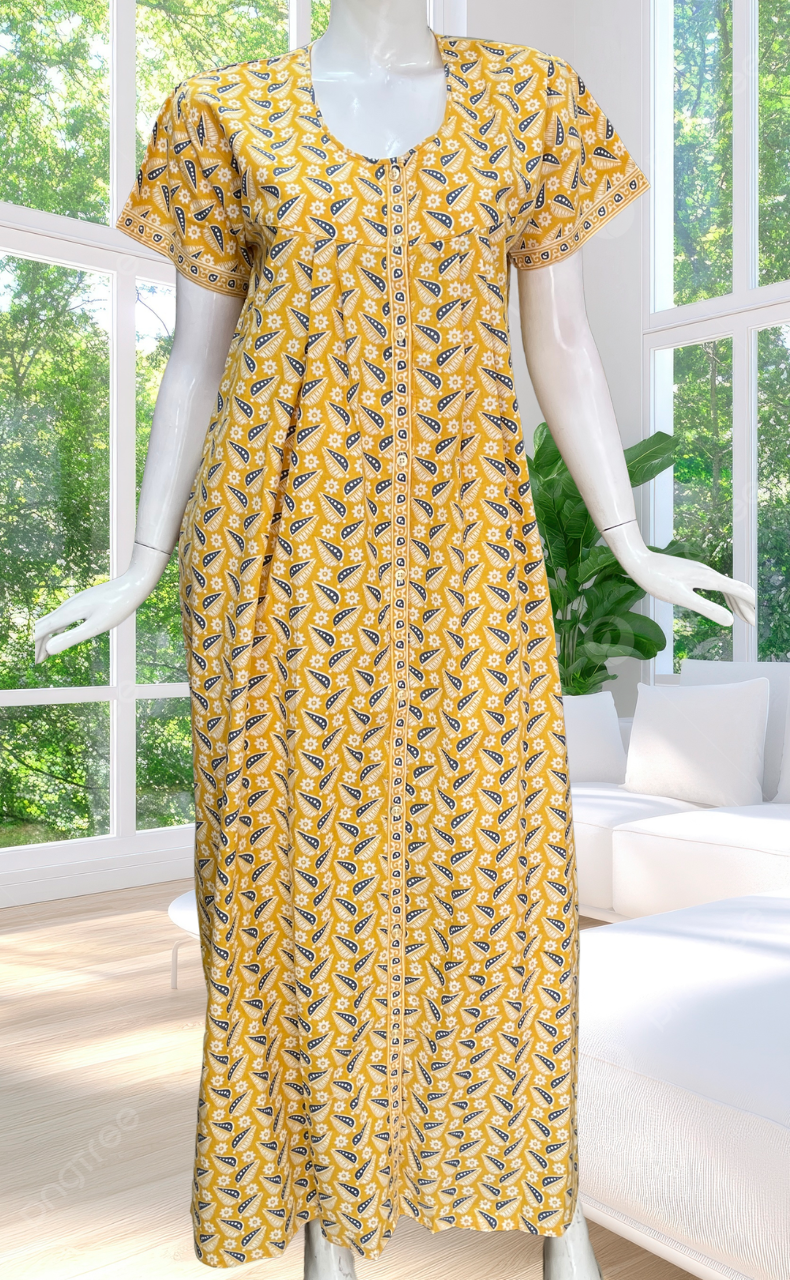 Yellow Leafy Full Open Pure Cotton Nighty. Pure Cotton | Laces and Frills