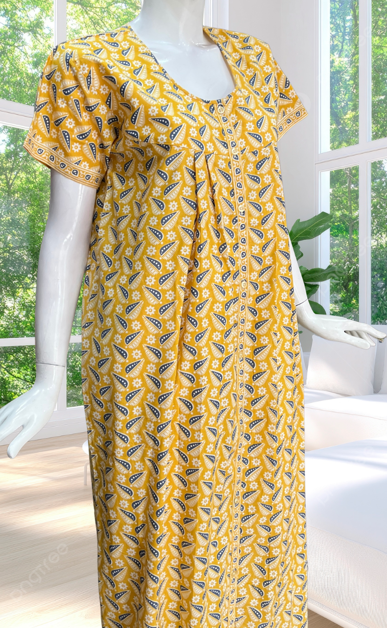 Yellow Leafy Full Open Pure Cotton Nighty. Pure Cotton | Laces and Frills