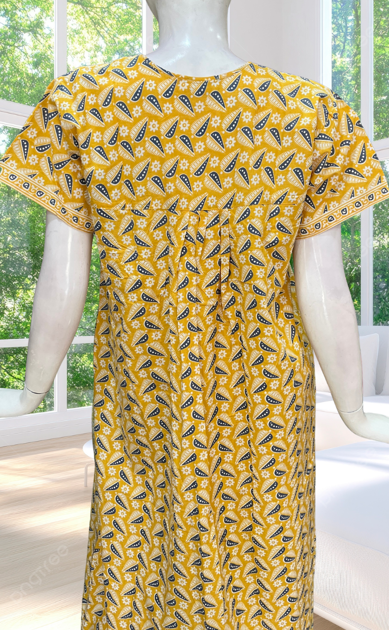 Yellow Leafy Full Open Pure Cotton Nighty. Pure Cotton | Laces and Frills