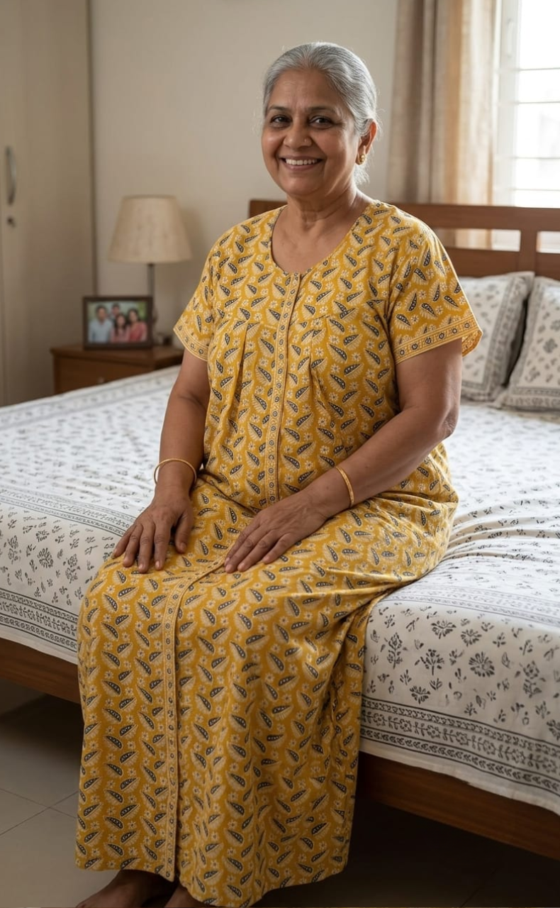 Yellow Leafy Full Open Pure Cotton Nighty. Pure Cotton | Laces and Frills