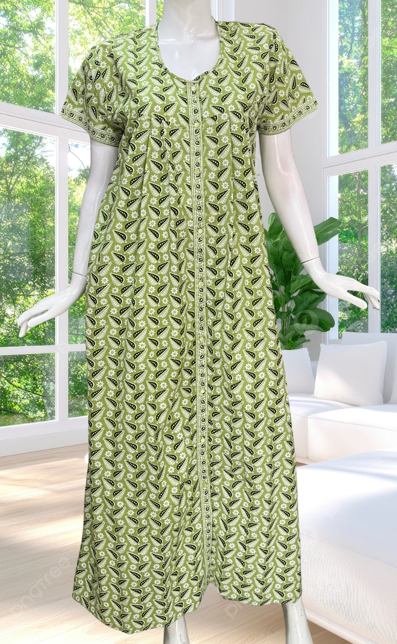 Pista Green Leafy Full Open Pure Cotton Nighty. Pure Cotton | Laces and Frills
