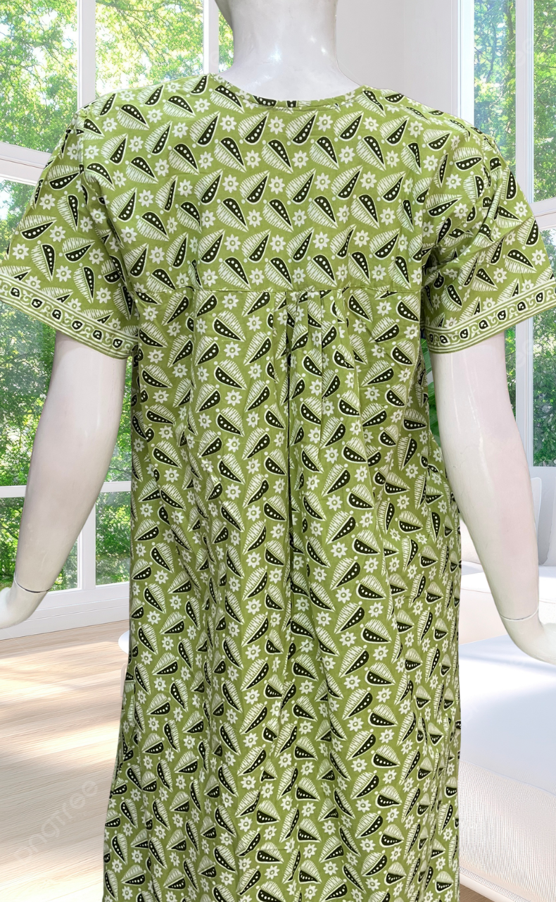 Pista Green Leafy Full Open Pure Cotton Nighty. Pure Cotton | Laces and Frills