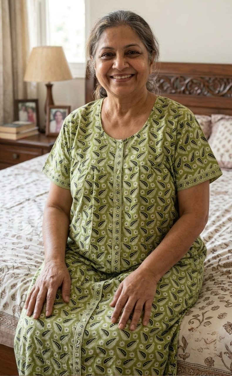 Pista Green Leafy Full Open Pure Cotton Nighty. Pure Cotton | Laces and Frills